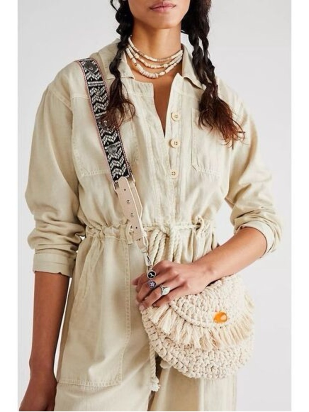 Free People Cream Macrame Moon Cross Body Bag